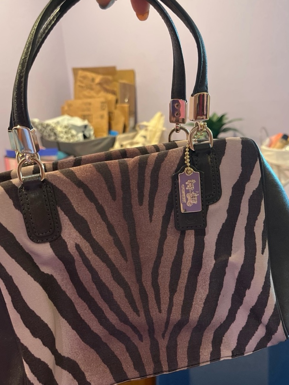 Coach Zebra-Print Satchel in Black and Taupe